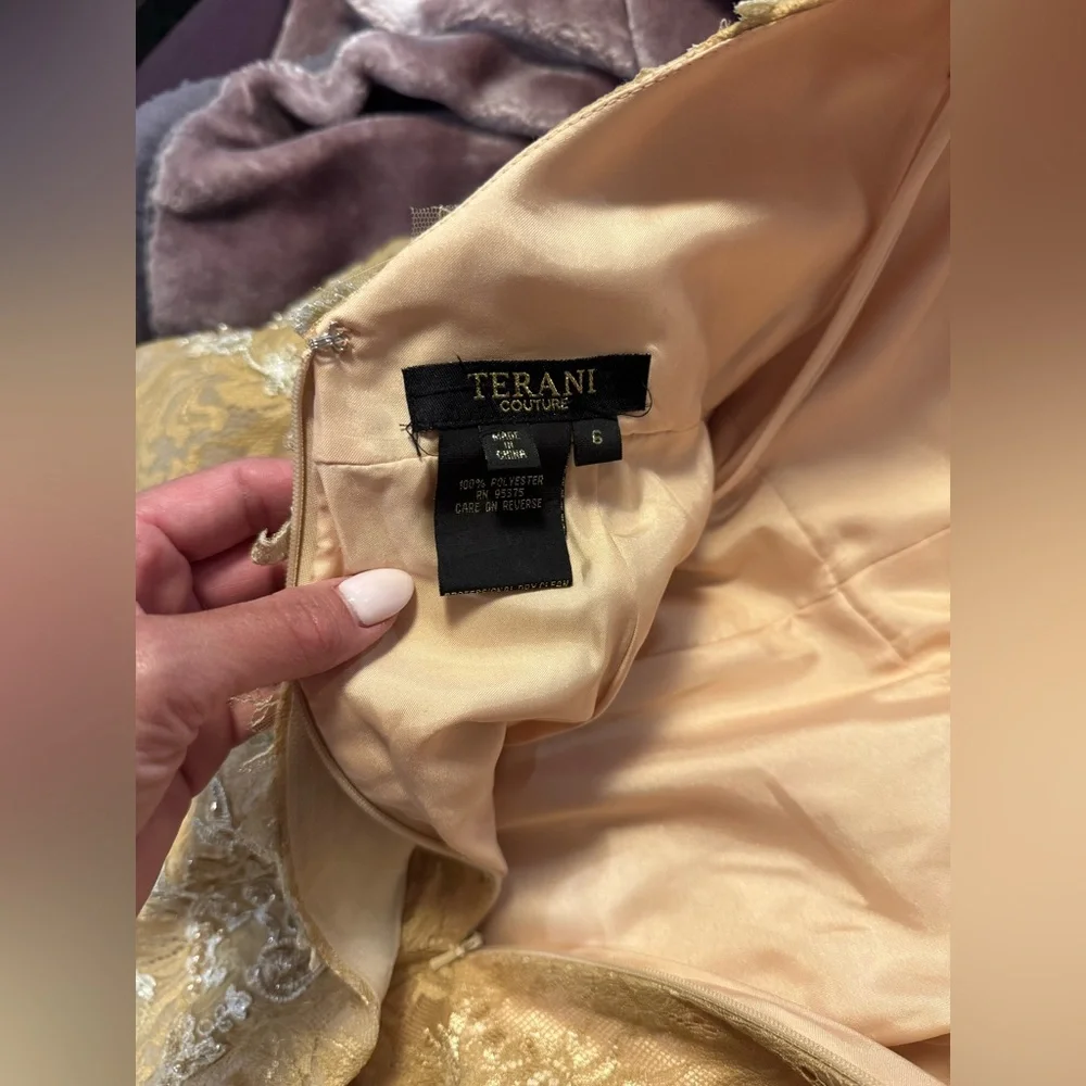 Terani Couture Gold High-Low Ruffled Gown - Picture 6 of 7